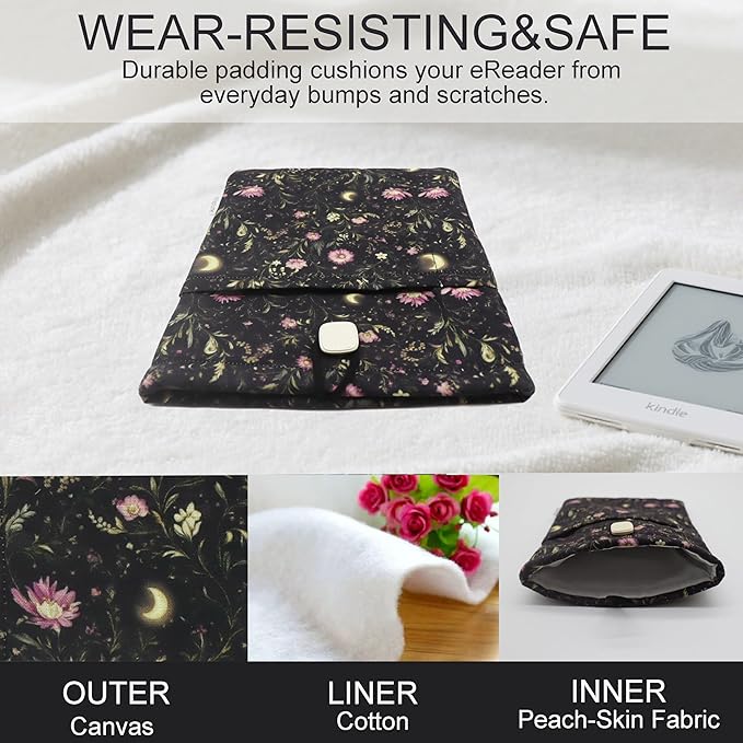 Padded eReader Sleeve Tablet Bag Pouch for eReader Paperwhite, Colorsoft,Signature Edition, Voyage,Scribe/Kobo eReader,Floral Book Protector for Paperbacks and Small Hardcovers(Black,Medium)