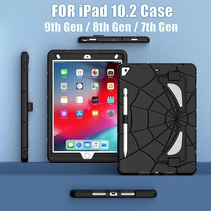 AKABEILA Compatible with Apple iPad 10.2 7th 8th 9th(2019/2020/2021) Tablet Case，Lightweight Shockproof Rugged Protective Cover with Kickstand for Kids Children Boys Babies Black