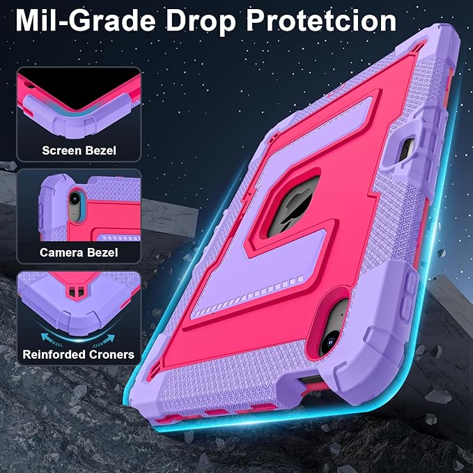Kids Friendly Case for iPad Air 11 Inch M4 M3 M2 2026/2025/2024 Case with Pencil Holder & Shoulder Strap, Military Grade Shockproof Kickstand Hard Shell Protective Cover,Rose+Purple