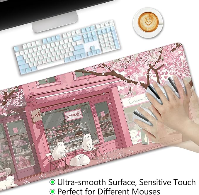 LIMKRIAN Cat Mouse Pad Large Desk Mat, Pink Cherry Blossom Computer Mousepad with Stitched Edges Non-Slip, Keyboard Mouse Pad for Desktop Cute Office Desk Accessories Japanese Dessert House 31.5in