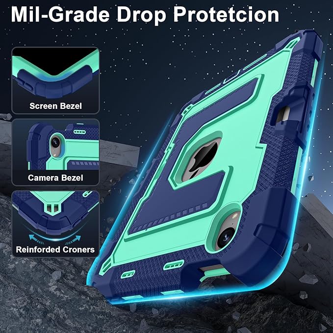 Kids Friendly Case for Apple iPad mini 7 A17 Pro 2024/iPad Mini 6 2021 8.3 Inch 7th/6th Gen Case with Pencil Holder & Shoulder Strap, Shockproof Kickstand Hard Shell Protective Cover,Blue+Mint