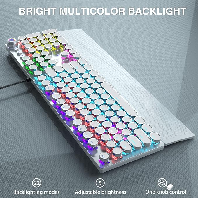 AULA F2088 Typewriter Mechanical Keyboard, White Retro Wired Gaming Keyboard with Blue Switches, Rainbow Backlit, Round Keycaps, Media Knob & Removable Wrist Rest