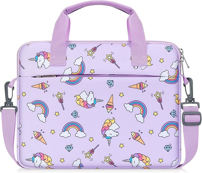 MoKo 10-12.5 Inch Kids Tablet Sleeve Carrying Case for Fire HD 10 13th/11th Gen, Fire HD 8/7 Kids 2022, Tablet Bag with Shoulder Strap for 10/10.1 Inch Android 12/13, Rainbow & Unicorn (Lilac)