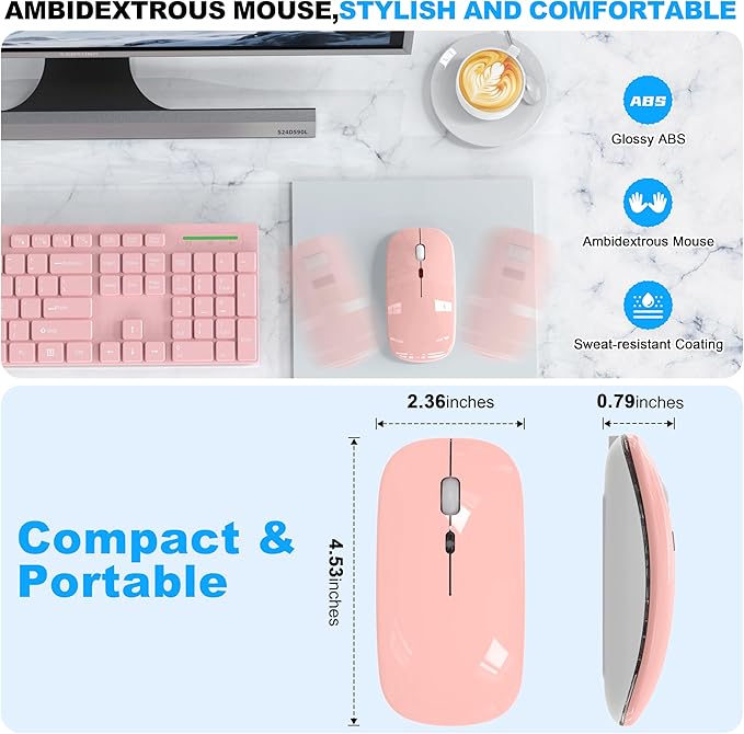 LED Bluetooth Wireless Mouse for MacBook Air/Pro, Laptop, iPad – Rechargeable Silent Light-Up Slim Mouse, Optical Dual Mode BT5.2 & USB-A/USB-C – for Students, Kids, Girls, Boys – Baby Pink
