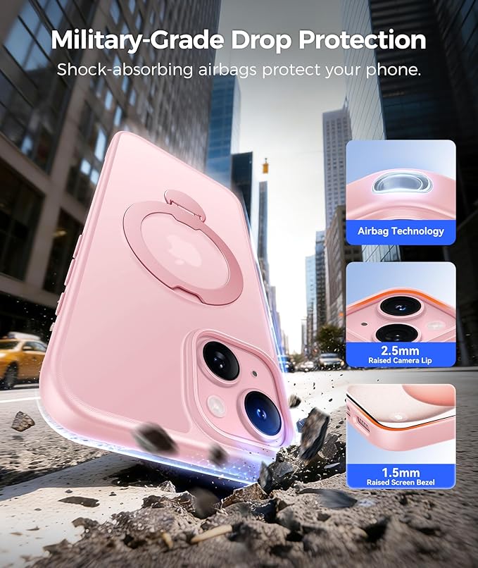FNTCASE for iPhone 15 Plus Case: iPhone 14 Plus Phone Case [360 Spin Magnetic Stand] [Compatible with Magsafe] [Screen Protector] Translucent Matte Military Grade Shockproof Phone Cover - Pink