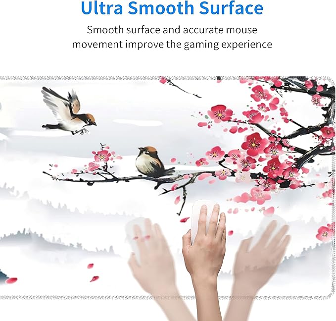 Japanese Pagoda Cherry Blossom Gaming Mouse Pad XL Birds Sakura Branch Mountain Extended Large Desk Cover Table Mat Non-Slip Rubber Base Stitched Edge Long Keyboard Playmat for Gamer,31.5×11.8 in
