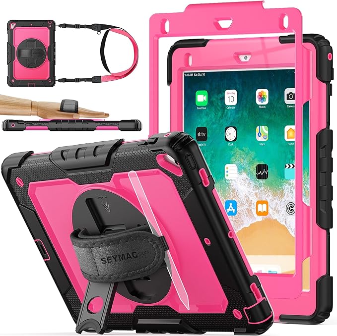 SEYMAC stock Case for iPad 6th / 5th Generation Case/Air 2 / Pro 9.7 inch, Heavy Duty Protective with Screen Protector, with Pencil Holder, Hand Strap, Shoulder Strap, 360 Rotate Stand, Pink+Black