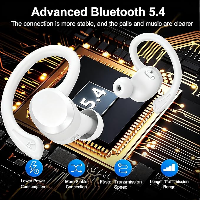sprtoybat Wireless Earbuds, 2026 New Bluetooth 5.4 Headphones Sport Earphones with 68Hrs Playtime LED Display ENC Noise Cancelling Mic, IPX7 Waterproof Over Ear Ear Buds with Hook for Sports/Running