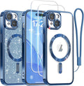 Meifigno for iPhone 15 Case 6.1", [Glitter Card & Wrist Strap] [Compatible with MagSafe] [2X Screen Protectors] Surround Raised Camera Lens Protection for iPhone 15 Case, Deep Blue