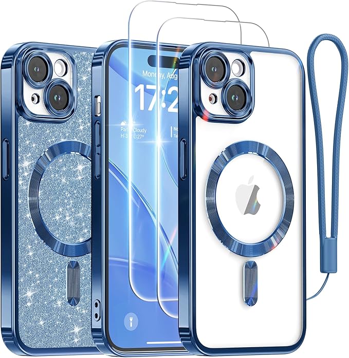 Meifigno for iPhone 15 Case 6.1", [Glitter Card & Wrist Strap] [Compatible with MagSafe] [2X Screen Protectors] Surround Raised Camera Lens Protection for iPhone 15 Case, Deep Blue