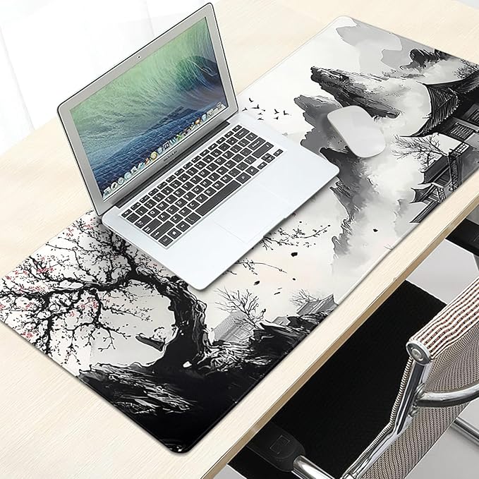 Japanese Anime Art Landscape Large Mouse Pad Large Extended Mouse Pad 31.5”x11.8” Non-Slip Rubber Base Full Desk Pad Japanese Sakura Gaming Keyboard Mat with Stitched Edges for Home Office Gaming Work