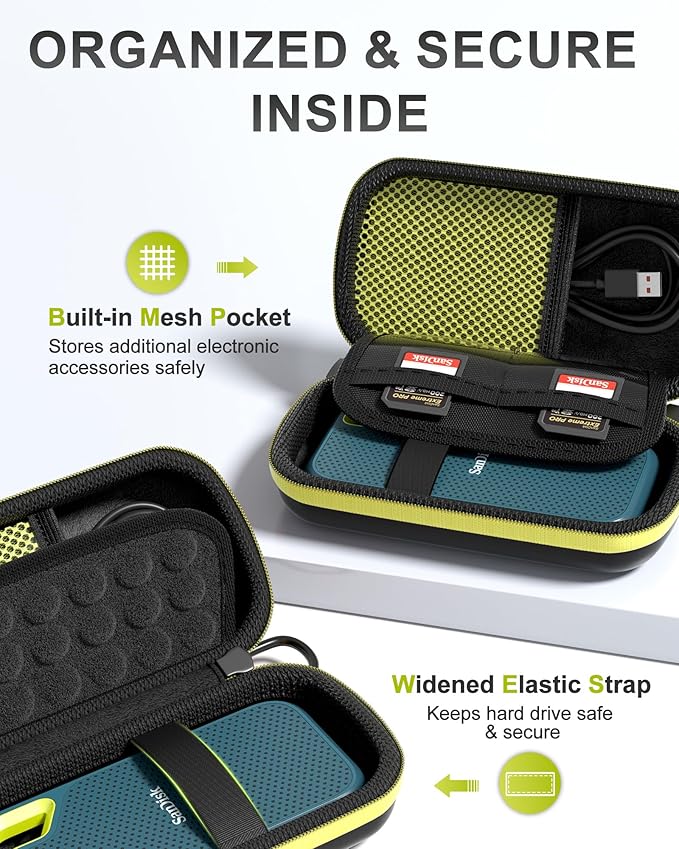 ProCase Hard Carrying Case for SanDisk Extreme/SanDisk Extreme Pro Portable External SSD, 500GB 1TB 2TB 4TB 8TB USB-C Solid State Drive, EVA Shockproof Travel Case with 2 SD Card Slots -GreenBlack
