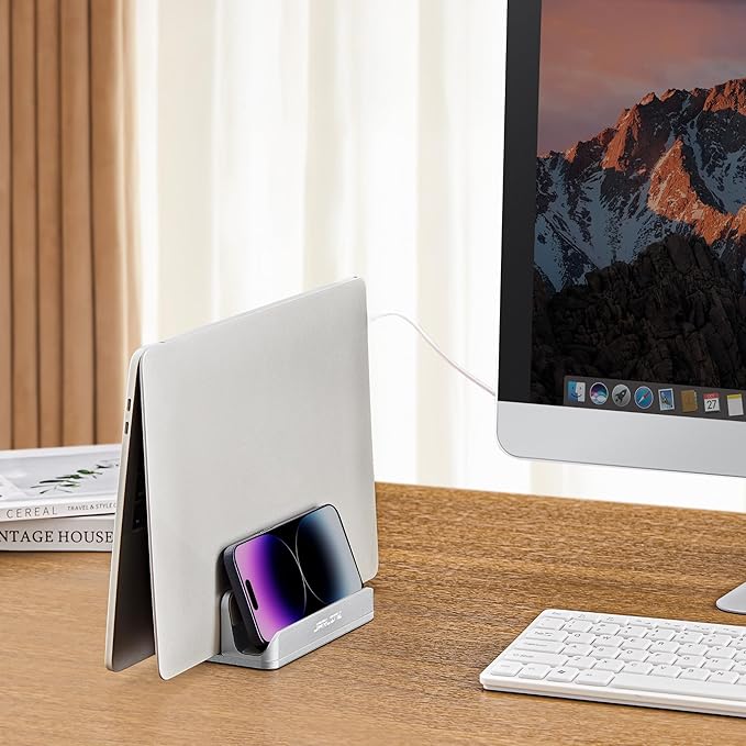 JARLINK 4-in-1 Adjustable Vertical Laptop Stand Holder, Aluminum Dual Slots Laptop Rack for Desk, Space-Saving Organizer Compatible with All MacBook, Surface, Chromebook, and Gaming Laptops (Silver)
