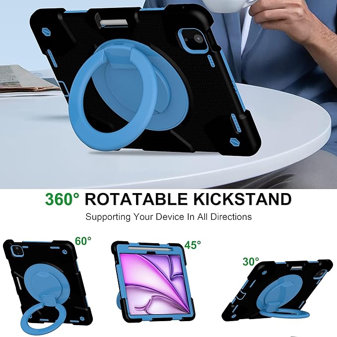 Andnary Case for iPad Air 11 inch Case M4/M3/M2 (2026/2025/2024), Heavy Duty Shockproof Cover with Screen Protector, 360° Rotating Stand, Pencil Holder, Shoulder Strap (Black+Blue)