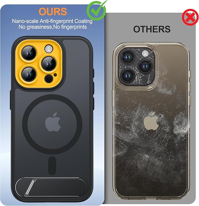 Magnetic Compatible with iPhone 15 Pro Case, [Built-in Kickstand][Full Camera Protection][Compatible with MagSafe][Anti-Fingerprint] Shockproof Phone Case for iPhone 15 Pro 6.1",Black & Yellow