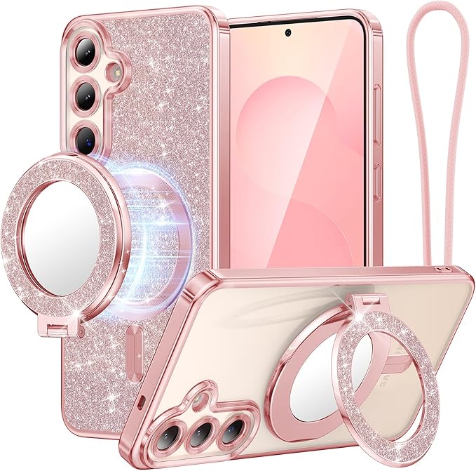 Meifgino Magnetic Case with Removable Phone Ring Stand for Samsung Galaxy S25 Plus, [Glitter Card & Wrist Strap] [MagSafe Compatible] [Built in Mirror] Phone Ring Stand + Phone Case Kit, Rose Gold