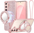 Meifgino Magnetic Case with Removable Phone Ring Stand for Samsung Galaxy S25 Plus, [Glitter Card & Wrist Strap] [MagSafe Compatible] [Built in Mirror] Phone Ring Stand + Phone Case Kit, Rose Gold