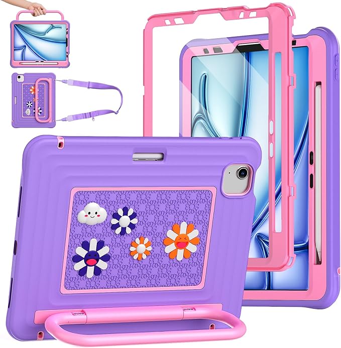 KAIJIAbox Kids-Friendly Case for iPad Air 11" M4/M3/M2, Pro 11" 4th/3rd/2nd/1st Gen, Air 5th/4th - Military-Grade Drop Protection with Metal Handle/Stand, Screen Protector, Pen Holder, Shoulder Strap