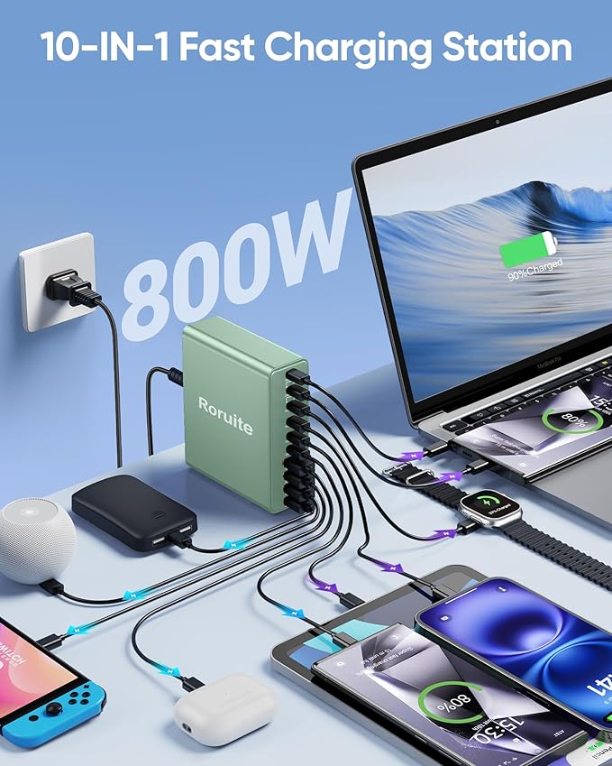 800W USB C Charging Station, 120W PD GaN5 Super Fast USB C Charger Block-10 Port, Type C for PC Laptop MacBook Pro/Air Charger Compatible with iPhone 17 16 15 14 13 12 Pro Max, iPad, Galaxy(Green)