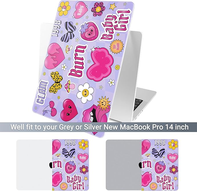 Batianda Case for New MacBook Pro 14 Inch M5 (2025 2026) & 2024 2023 Release [Model A3434 / A3112] - Ultra Slim 1.2mm Glossy Hard Shell Protective Skin Keyboard Cover 4-in-1 Bundle, Y2K Pink Collage