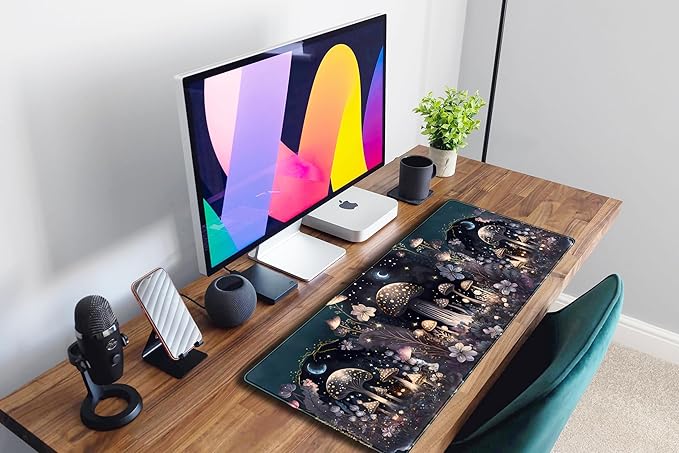 Teng DA Qing Cute Dark Mushroom Moon Night Mouse Pad XL Extended Gaming Mat with Stitched Edges, Computer Laptop Keyboard and Mouse Mat for Women Office Desk Decor, 31.5x11.8 in