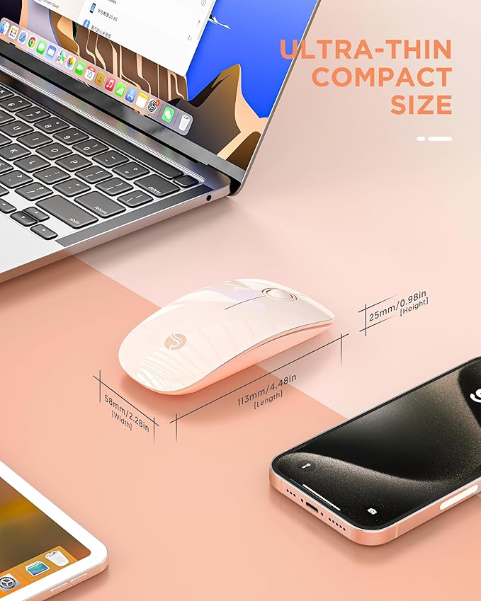 RAPIQUE Bluetooth Wireless Mouse - (BT5.1+USB) Slim Dual Mode Computer Mice with Quiet Click, Low Power, and 1600 DPI, Portable Cordless Mouse for MacBook, Laptop, iPad Pro/Air, Tablet (Pink)