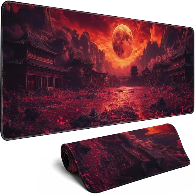 Mouse Pad Gaming Red Moon Desk Pad Mat Extra Large Mousepad (31.5x11.8 in), Home Office Decor Stitched Edges Smooth Surface Non-Slip Bottom