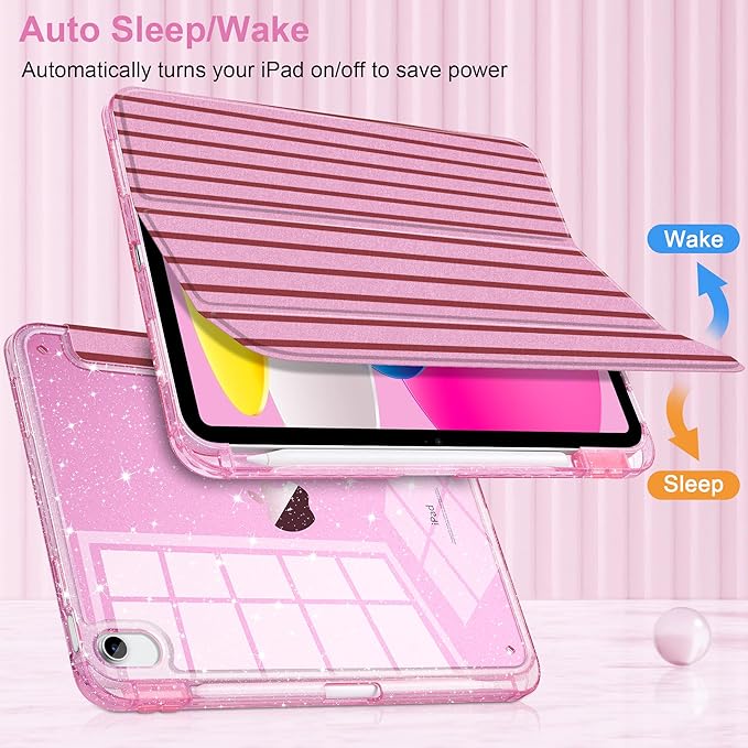DONGKE for iPad Pro 11 inch Case – Fits M5 2025 / M4 2024, Shockproof Sparkling Glitter Acrylic Back, Pencil Holder, Trifold Stand, Auto Sleep/Wake & Touch ID Support - Pink Stripes