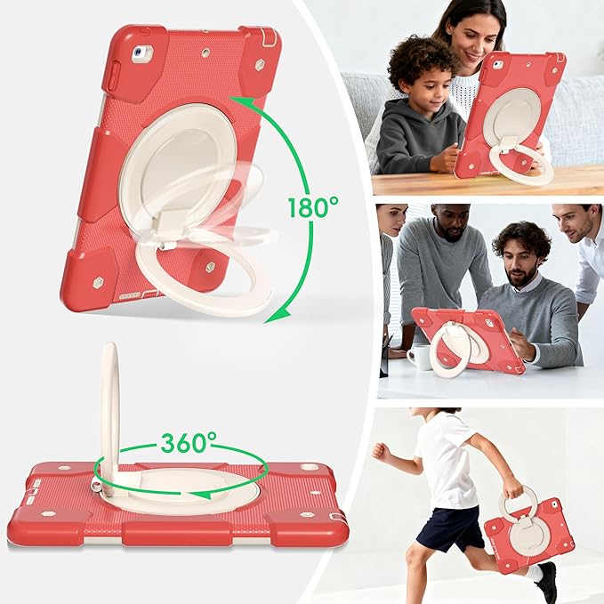 Andnary Case for iPad 9th/8th/7th Generation 10.2 inch, Shockproof Cover with Screen Protector/360° Rotate Stand/Pencil Holder/Shoulder Strap, Kids Case for iPad 2021/2020/2019 (Orange Pink+White)