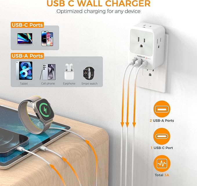 TESSAN Surge Protector Wall Outlet Extender, Multi Plug Outlet Splitter with 3 USB Charging Blocks(1 USB C), Multi Plug Wall Charger for Home, Office, School, College Dorm Essentials, Grey