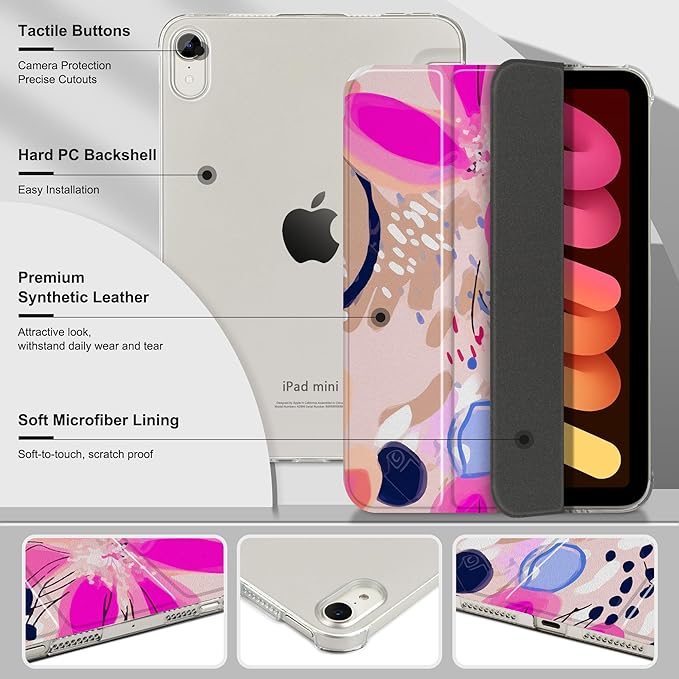 DONGKE for iPad mini 7 (A17 Pro) 2024 & iPad mini 6 2021 8.3 Inch, Slim Foldable Stand Hard PC Translucent Back Shell Smart Cover for iPad mini 7th/6th Generation [Auto Wake/Sleep] - Floral Artistic