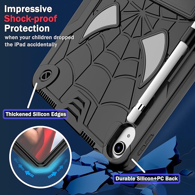 Dteck for iPad Air (3rd Generation) 2019/iPad Pro (2017 Release) Hard Shell Case 10.5" with Kickstand, Shoulder Strap/Screen Protector Film/Stylus Included, Shockproof Cute Spider Kid's Cover, Black