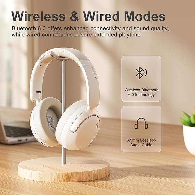 LORELEI QC30 Hybrid Active Noise Cancelling Headphones,Over-Ear Wireless Bluetooth,Beige Protein Leather, Active Noise Control & Transparency Mode,Deep Bass, Built-in Mic