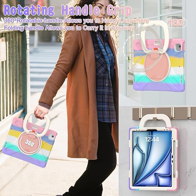 MEEgoodo Case for iPad Air 13 inch 2025 (M3) /2024 (M2) & iPad Pro 12.9 Case 6th/5th/4th/3rd Generation 2022 2021 2020 2018,Tablet Cover with Pencil Holder/Rotating Stand/Shoulder Strap,Colourful Pink | 2025 (M3), 2024 (M2), 2022 2021 2020 2018, Pencil...