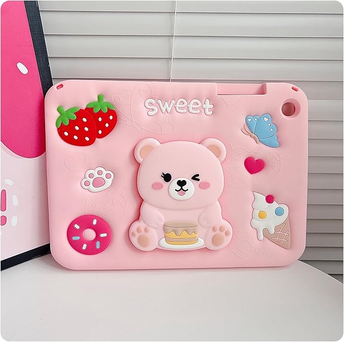 for Samsung Galaxy Tab A9 Plus Case Girls - with Shoulder Strap & Rotating Stand Cute Pink Bear 3D Cartoon for Kids Soft Silicone Protector Samsung A9 Tablet 2023