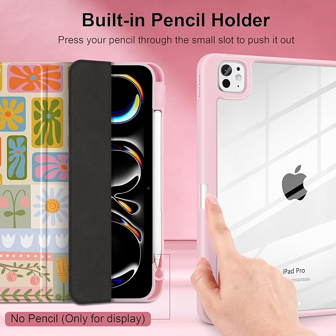 Case for iPad Pro 11 inch (M5) 2025 (M4) 2024 Release Slim Lightweight Cute Light Pink Cover with Clear Back TPU Edge Pencil Holder Trifold Stand, Flower Patchwork