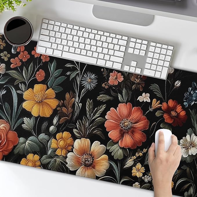 Floral Mouse Mat Vintage Aesthetic Flower Plant Black Extended Mouse Pad Large Gaming Mousepad Wildflower Mousepad Laptop Computer Keyboard Mat Cute Desk Mat for Desktop Office Supplies 35.4"x15.7"