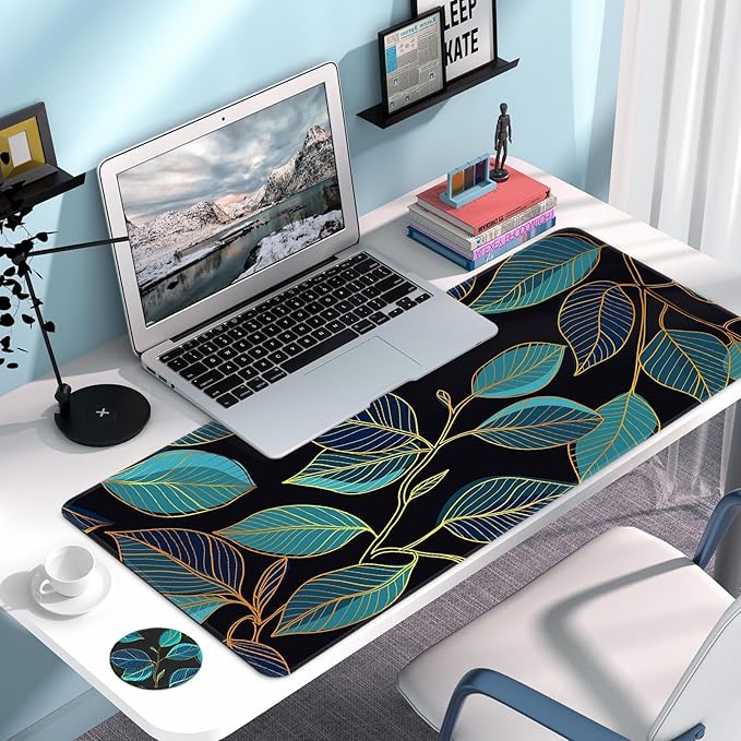 Large Gaming Mouse Pad with Coaster, Desk Matt for Desktop, Desk Pad, Mouse Pads Mat, Stitched Edges Big Extended Mousepad for Computer Keyboard Laptop Office Decor, 31.5'' x15.6''-Leaves 3