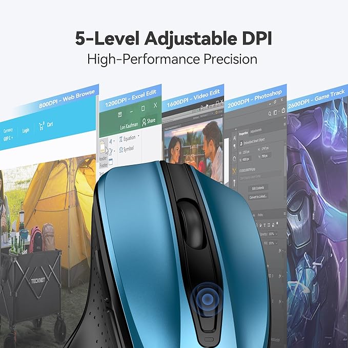 TECKNET Wireless Mouse, 2.4G Ergonomic Optical Mouse, Computer Mouse for Laptop, PC, Computer, Chromebook, Notebook, 6 Buttons, 24 Months Battery Life, 2600 DPI, 5 Adjustment Levels - Azure