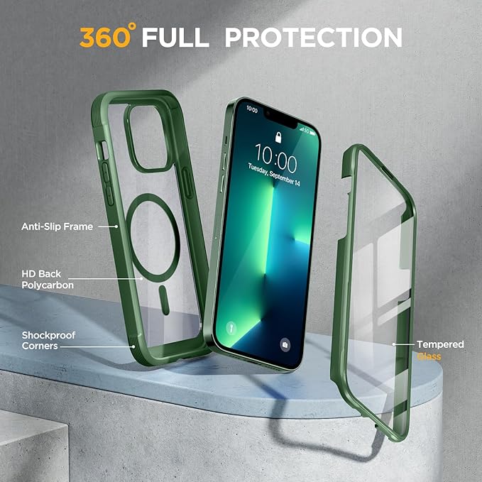 Miracase Magnetic for iPhone 13 Pro Max Case 6.7 inch, (Compatible with MagSafe) Upgrade Full-Body Clear Phone Bumper Case with Built-in 9H Tempered Glass Screen Protector, Magnetic Acacia Green