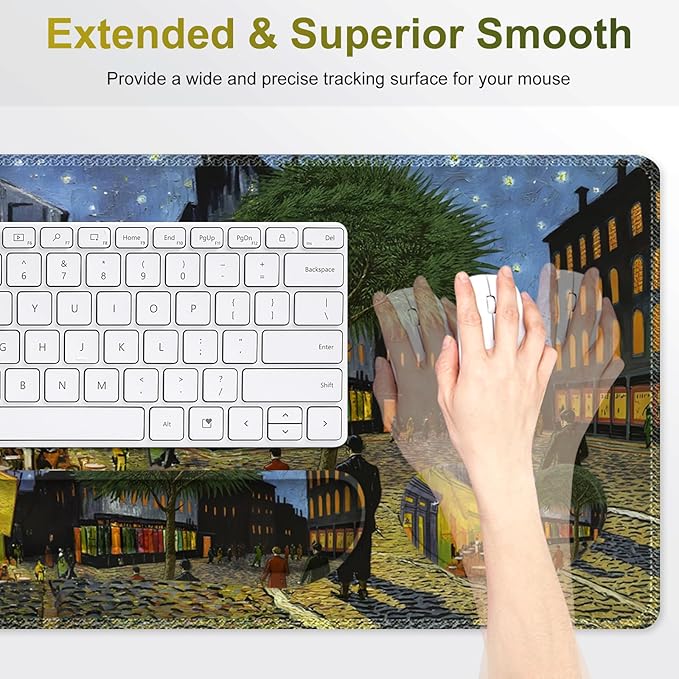 Large Gaming Mouse Pad Set, 4 in 1 Ergonomics Keyboard Desk Mat Memory Foam Wrist Rest, Computer PC Extended Game Mousepad, Non-Slip Desk Matt Easy Typing Pain Relief I Terrace of the Cafe