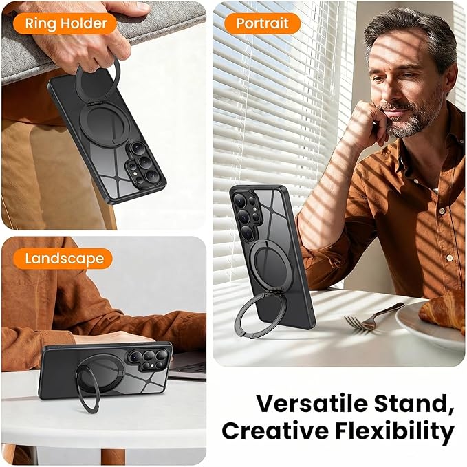 360°Ring Stand for Samsung Galaxy S26 Ultra Case with 1X Screen Protector +1X Camera Cover,Fit for MagSafe, Anti-Yellowing & Scratch-Resistant Back Phone Case for Galaxy S26 Ultra 6.9", Clear Black