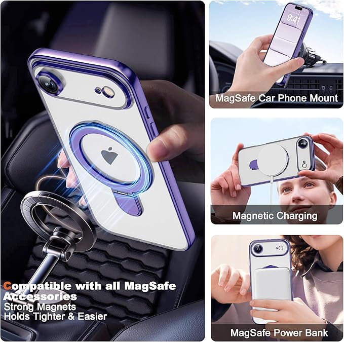 Compatible with iPhone 17 Air Case with Invisible Magnetic Ring Stand [Compatible with Mag-Safe] [Full Camera Lens Protector] Plating Clear Phone Case for iPhone 17 Air 6.5", Purple