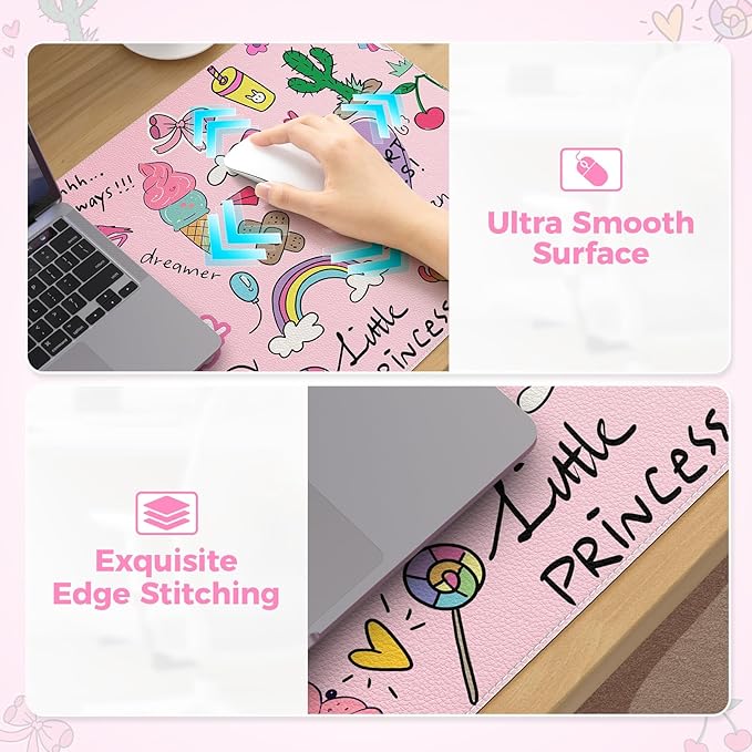 HAOCOO Kawaii Large Desk Mat for Girls, 35.4"x15.7" PU Leather Computer Pad, Waterproof Desk Protector Writing Pad, Cute Office Accessories for Women,Stitched Edges Keyboard Mat for Home