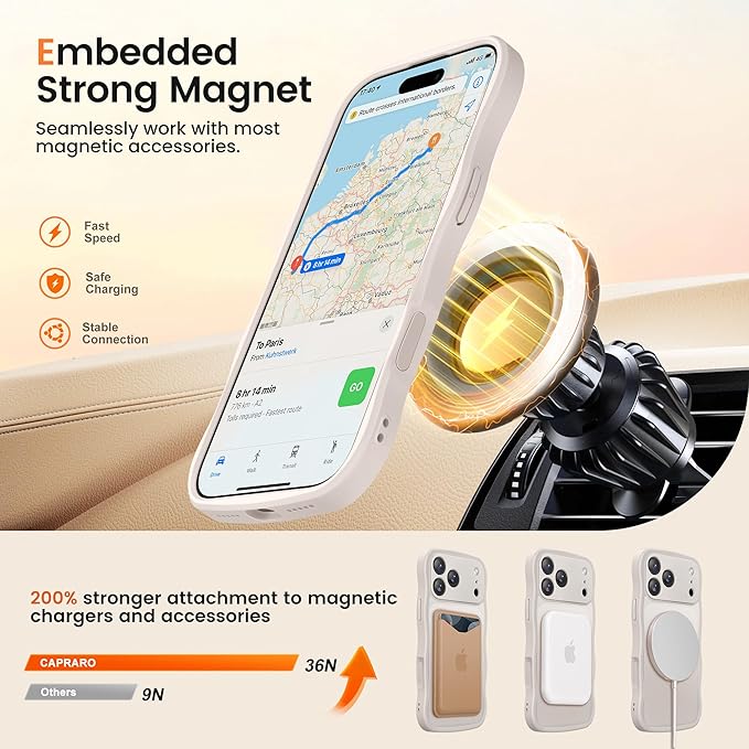 CAPRARO for iPhone 17 Pro Max Case with 360° Spin Magnetic Stand for Women, [Compatible with MagSafe] [Full Camera Protection] Cute Wave Translucent Matte Case for iPhone 17 Pro Max, Stone