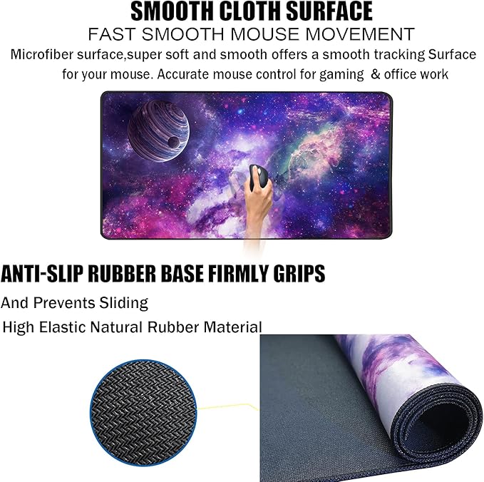 TEDNETGO Large Extended Gaming Mouse Pad, Long Mouse Pads, Extra Large Big Mouse Pad with Stitched Edge, XXL Non-Slip Computer Computer Keyboard Mat for Gamer/Desktop/Office/Home, Galaxy