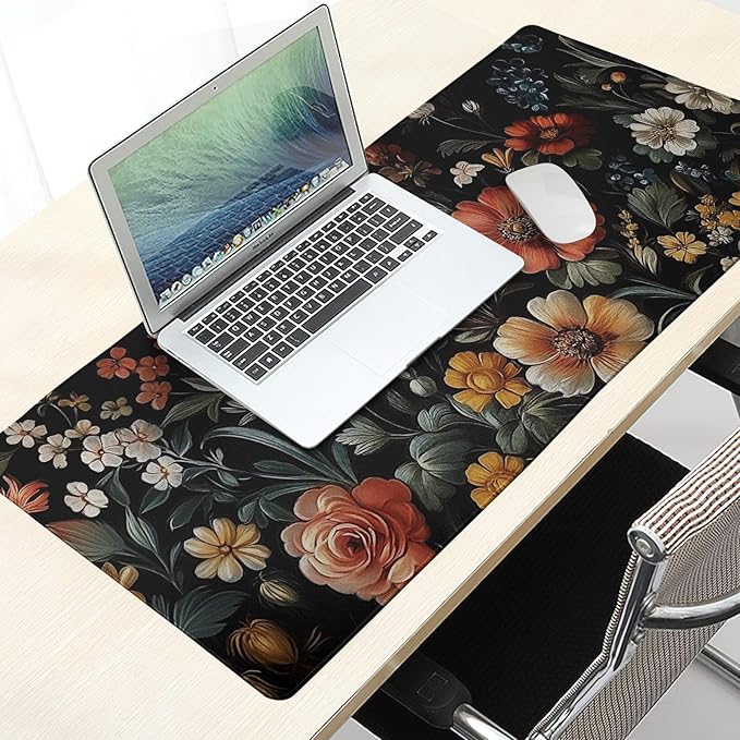 Floral Mouse Mat Vintage Aesthetic Flower Plant Black Extended Mouse Pad Large Gaming Mousepad Wildflower Mousepad Laptop Computer Keyboard Mat Cute Desk Mat for Desktop Office Supplies 35.4"x15.7"