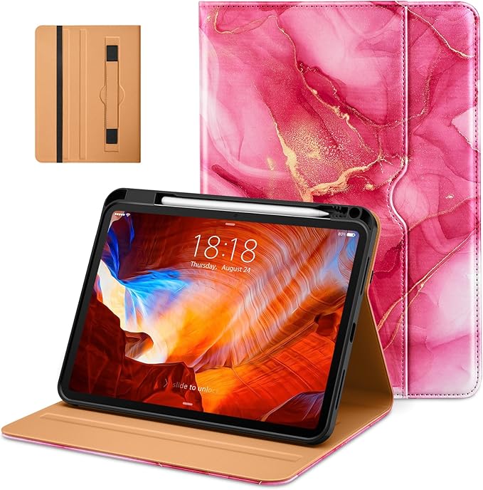 DTTO for iPad Pro 11 inch Case (M5/M4) 2025/2024, Premium Leather Business Folio Stand Cover with Pencil Holder - Auto Wake/Sleep and Multiple Viewing Angles, Red Marble