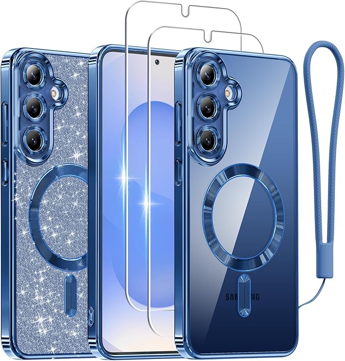 Meifigno Case Designed for Samsung Galaxy S25 6.2 inch, [Compatible with MagSafe] [2X HD Screen Protectors] [Glitter Card & Wrist Strap] Full Lens Protection Case for Galaxy S25, Navy