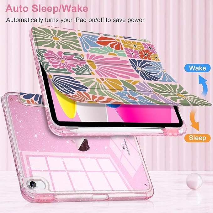 DONGKE for iPad Pro 11 inch Case – Fits M5 2025 / M4 2024, Shockproof Sparkling Glitter Acrylic Back, Pencil Holder, Trifold Stand, Auto Sleep/Wake & Touch ID Support - Colorful Florals